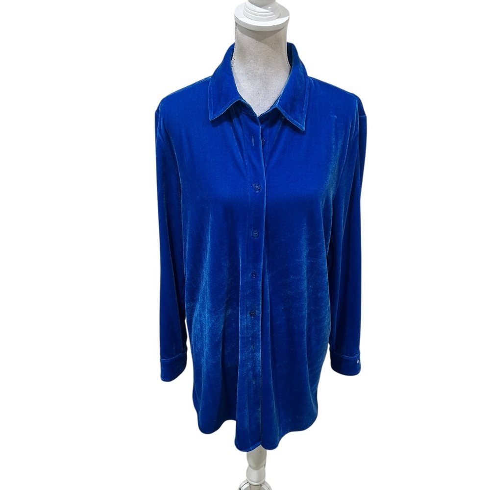 Nwt Soft Surroundings cobalt blue Button-Down velvet Shirt longline size large